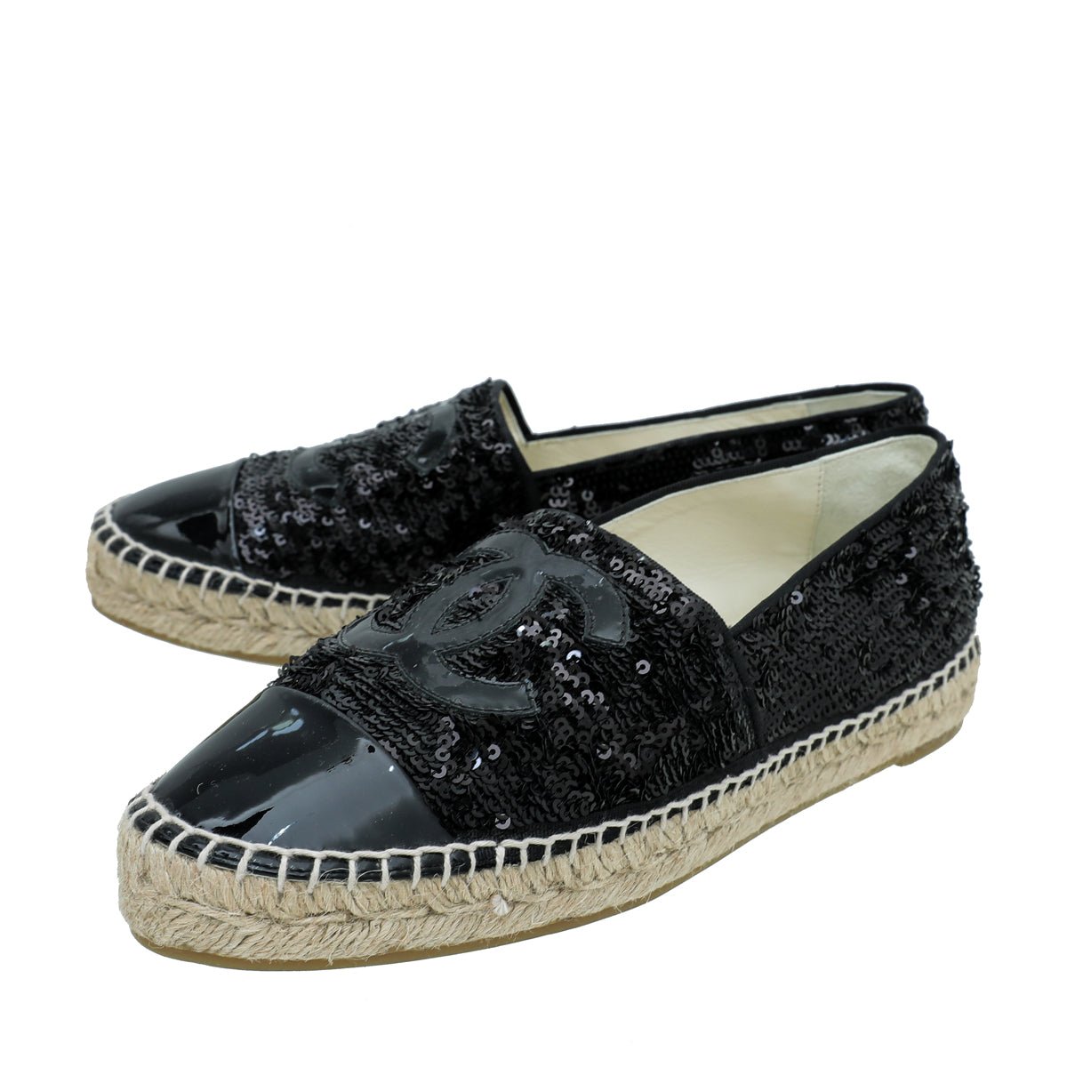 Chanel Black CC Cap Toe Sequin Espadrille 39