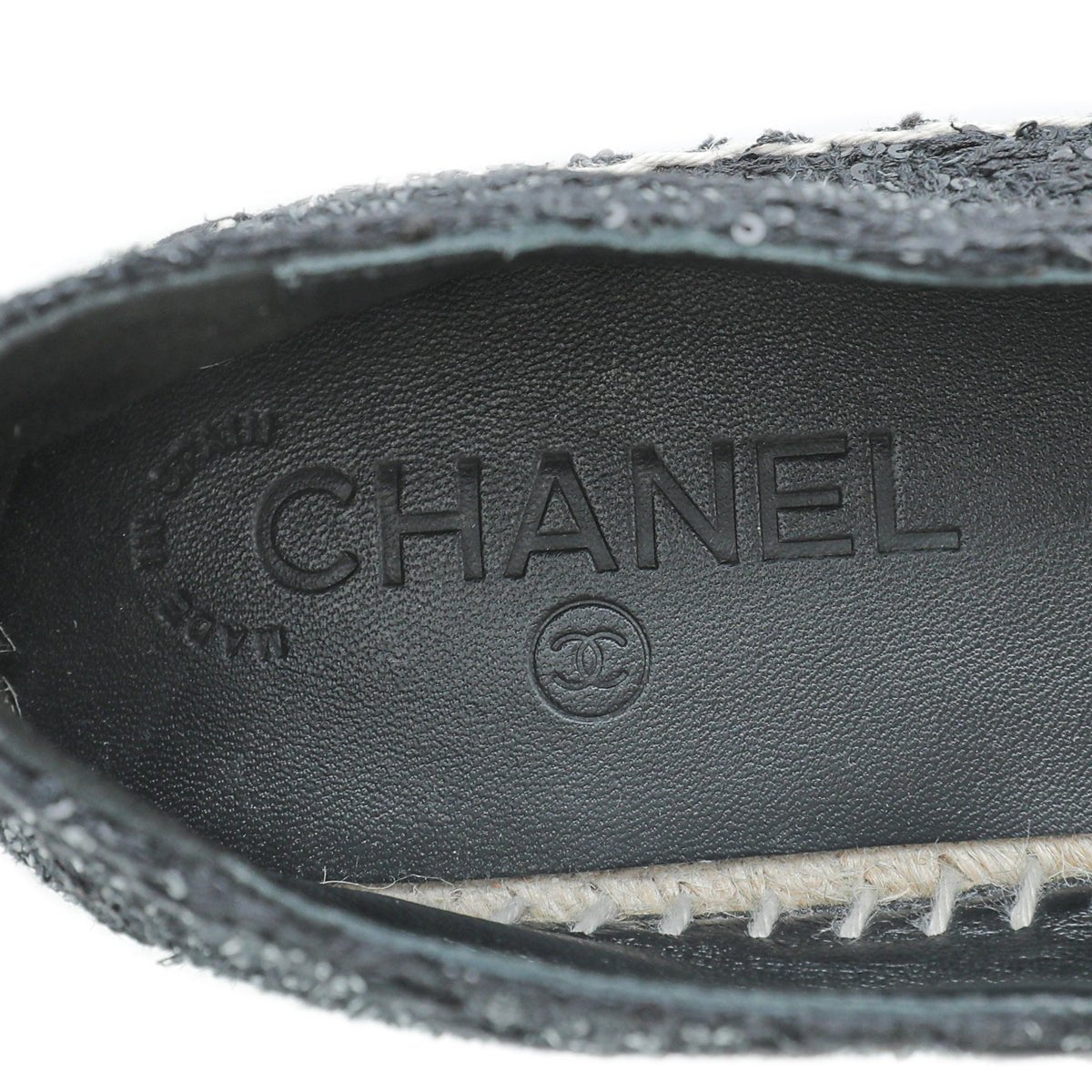 Chanel Black CC Cap Toe Sequin Tweed Espadrille 38