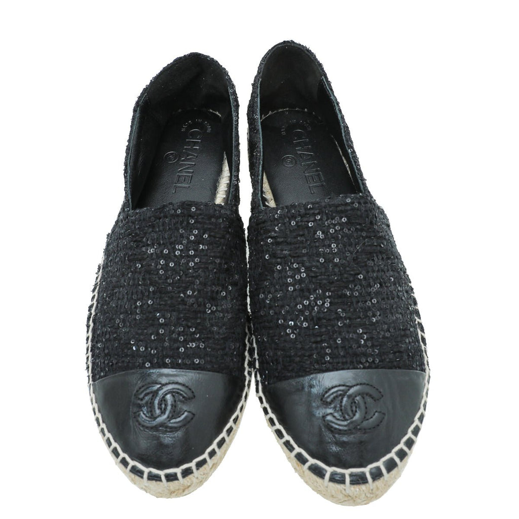 Chanel Black CC Cap Toe Sequin Tweed Espadrille 38