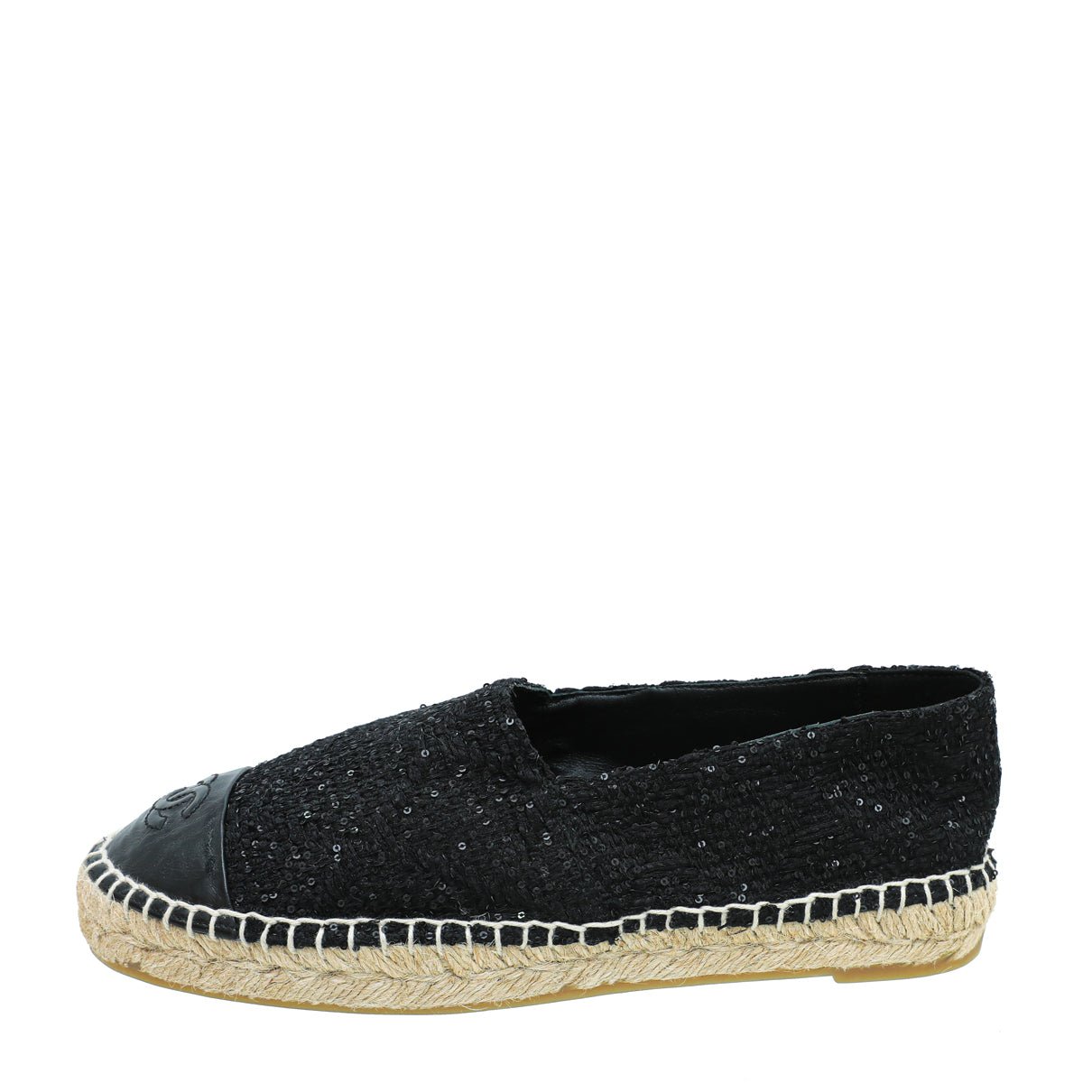 Chanel Black CC Cap Toe Sequin Tweed Espadrille 38