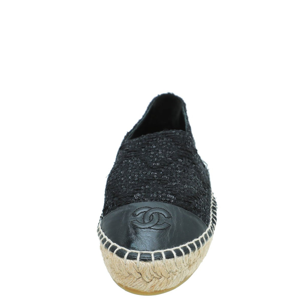 Chanel Black CC Cap Toe Sequin Tweed Espadrille 38