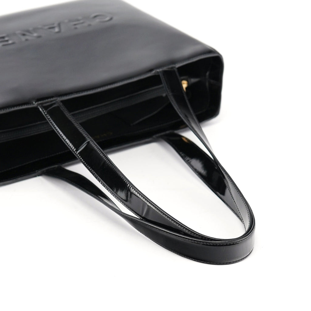 Black Patent Leather Logo Tote Bag