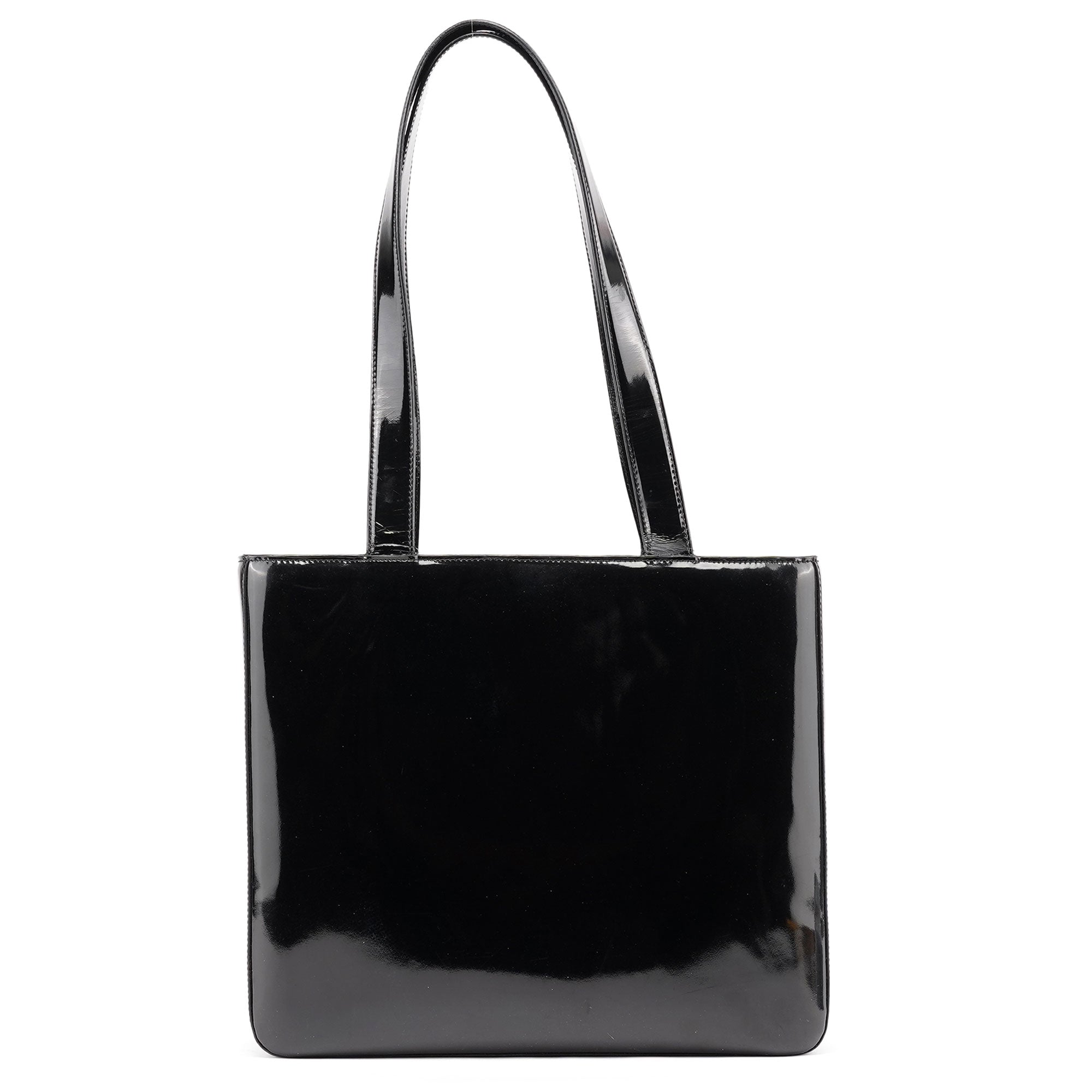 Black Patent Leather Logo Tote Bag