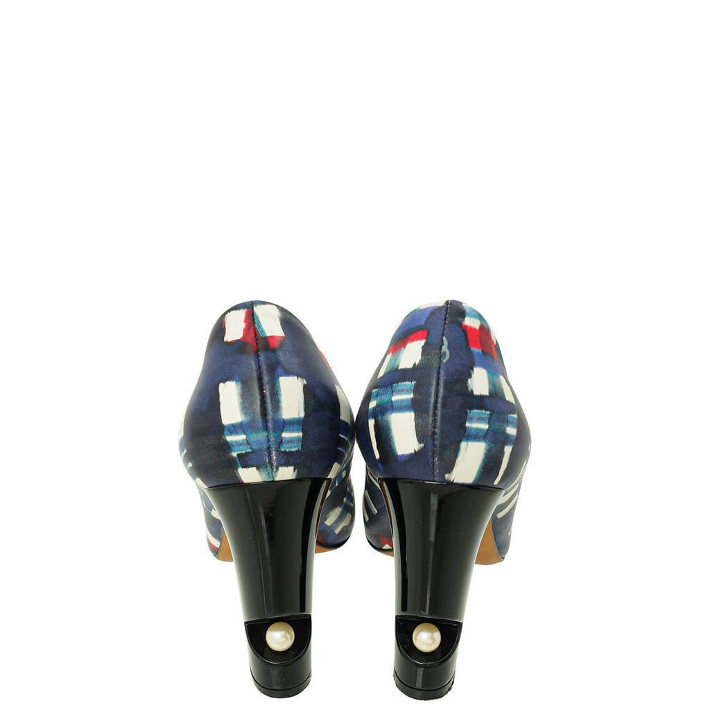 Chanel Blue Multicolor Printed Pearl on Heel Pumps 38