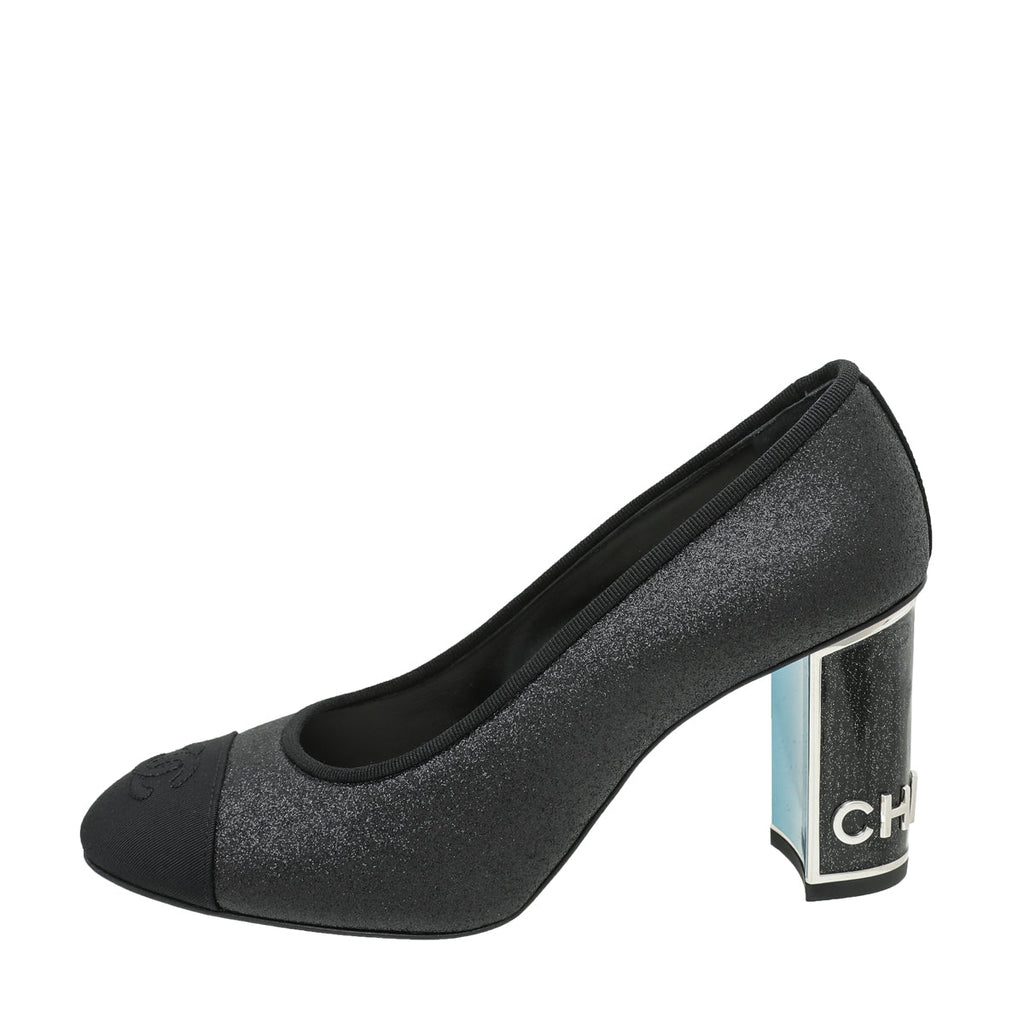 Chanel Black CC Glitter Grosgrain Cap Toe Logo Pumps 37