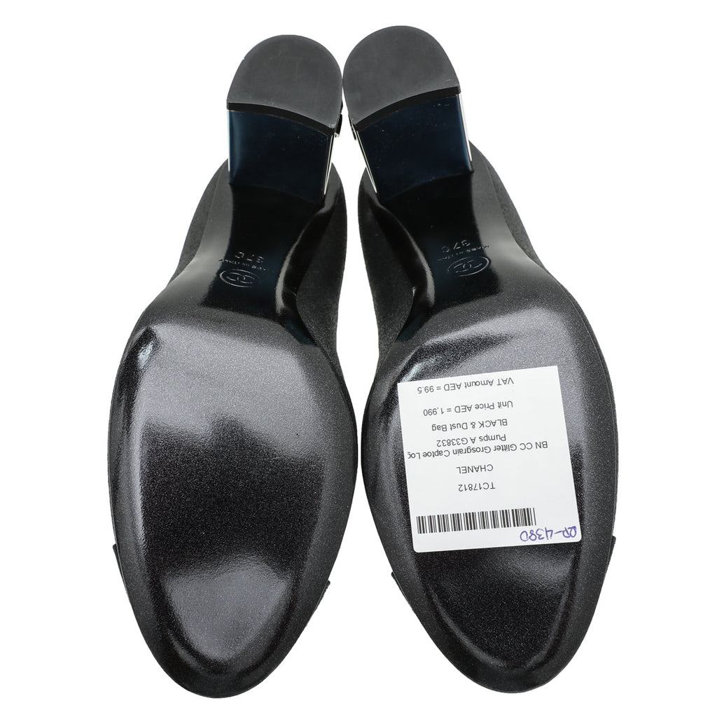Chanel Black CC Glitter Grosgrain Cap Toe Logo Pumps 37