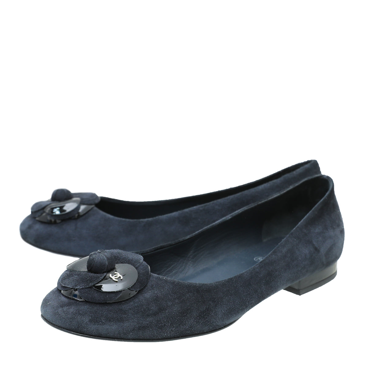 Chanel Navy Blue Suede CC Camellia Flower Flat 37.5