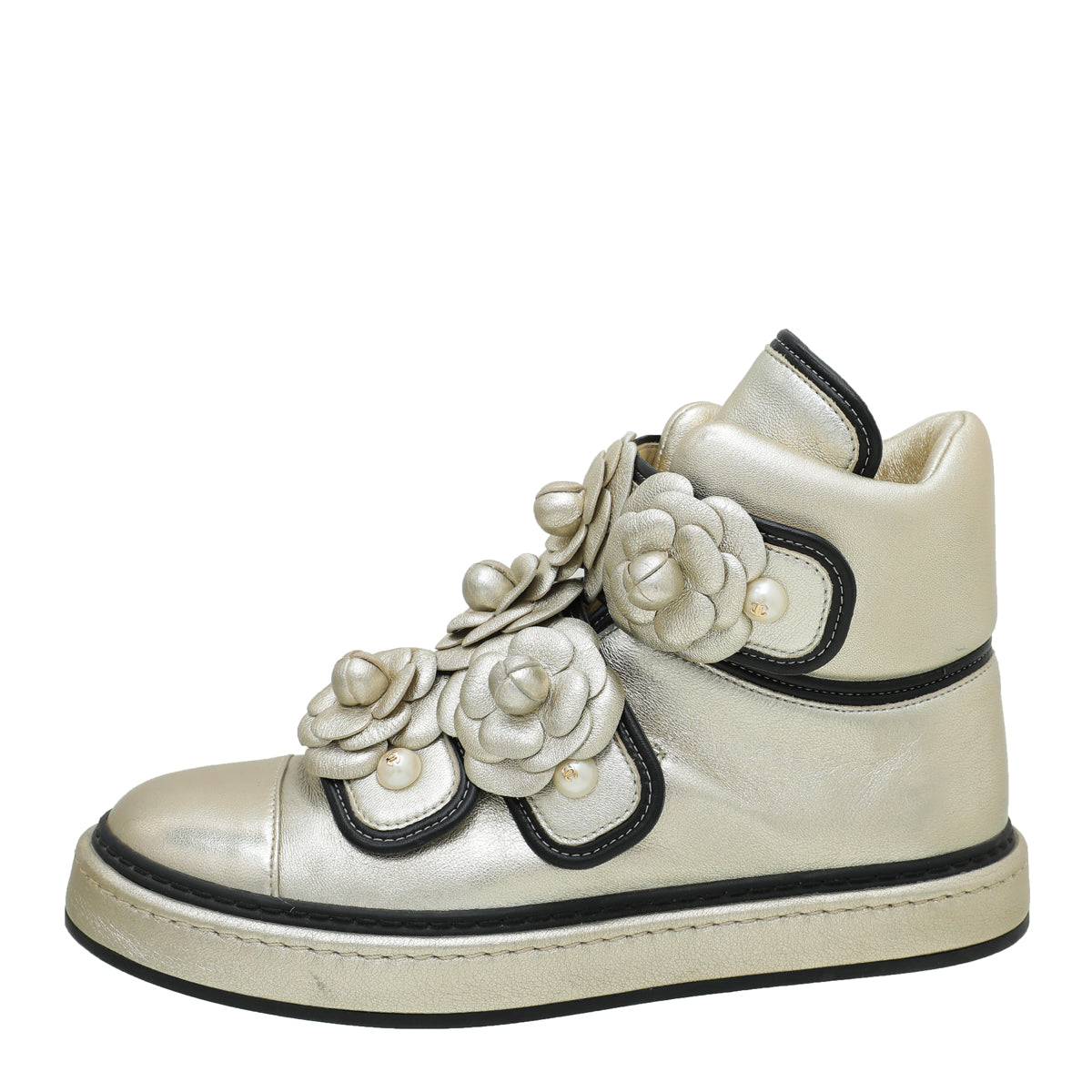 Chanel Champagne CC Camellia Flowers Metallic Pearl Sneaker 37