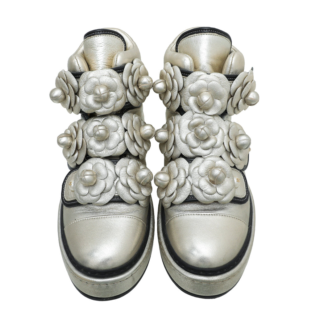 Chanel Champagne CC Camellia Flowers Metallic Pearl Sneaker 37