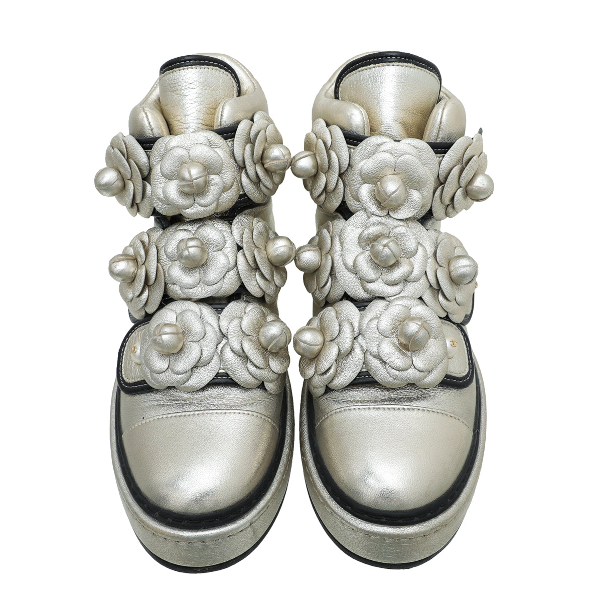 Chanel Champagne CC Camellia Flowers Metallic Pearl Sneaker 37