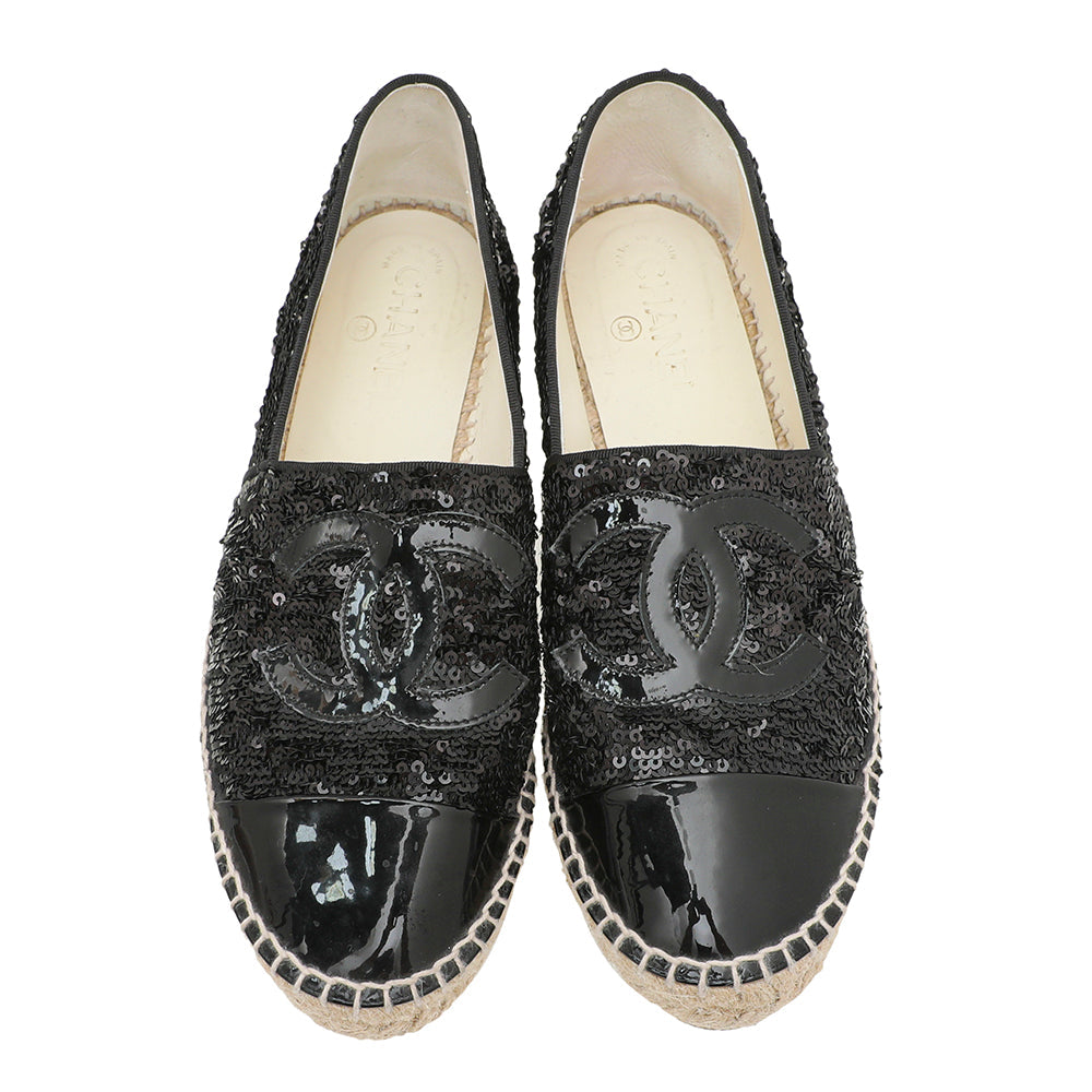 Chanel Black CC Cap Toe Sequins Espadrille 40