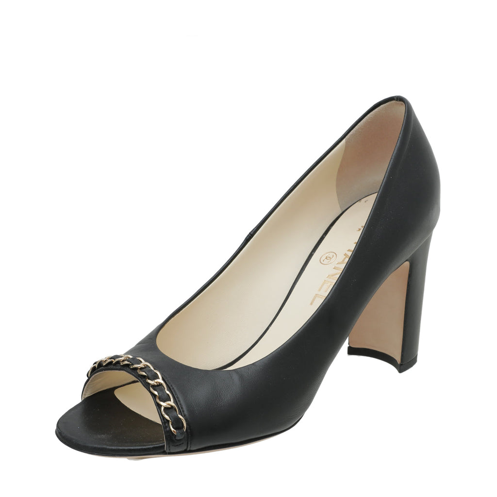 Chanel Black CC Chain Peep Toe Pump 39