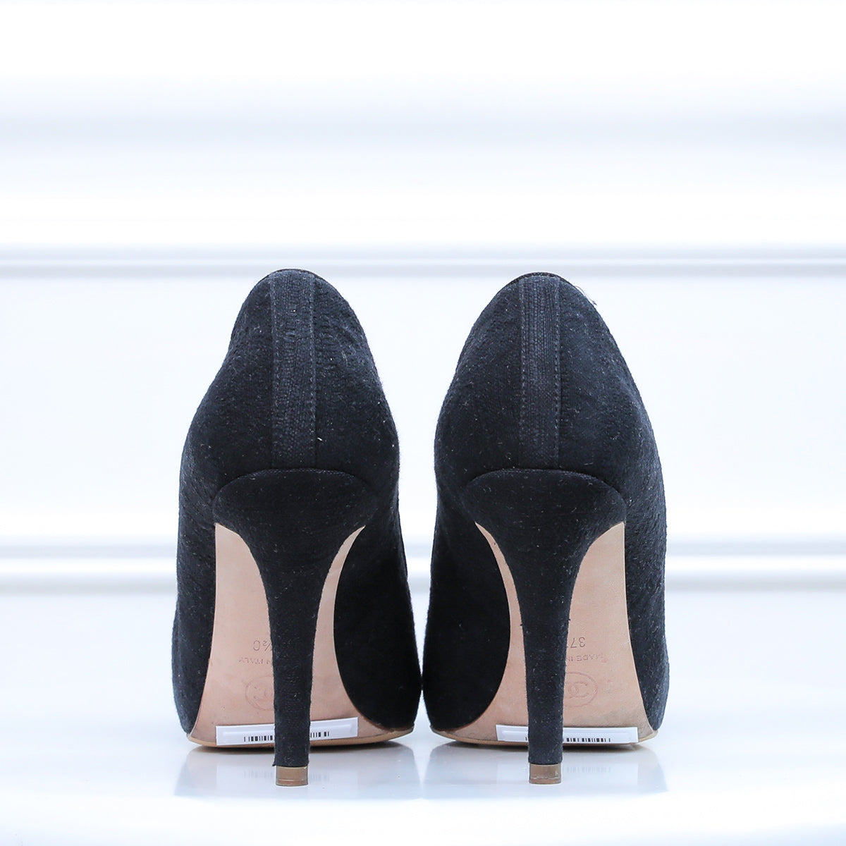 Chanel Black CC Logo Cap Toe Fabric Pumps 37.5