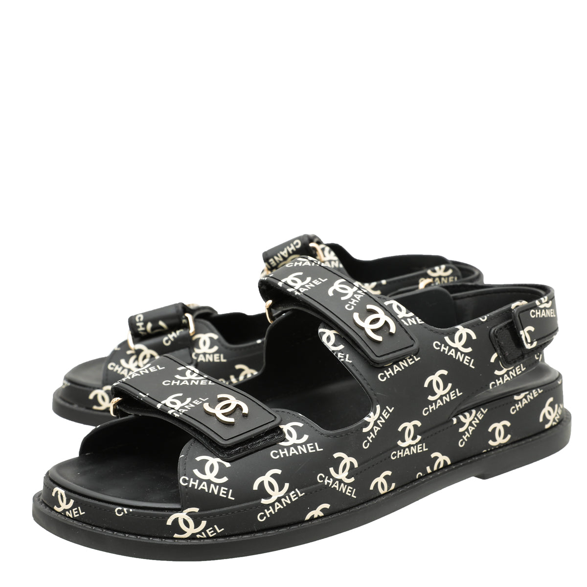Chanel Black CC Dad Logo Print Sandals 38
