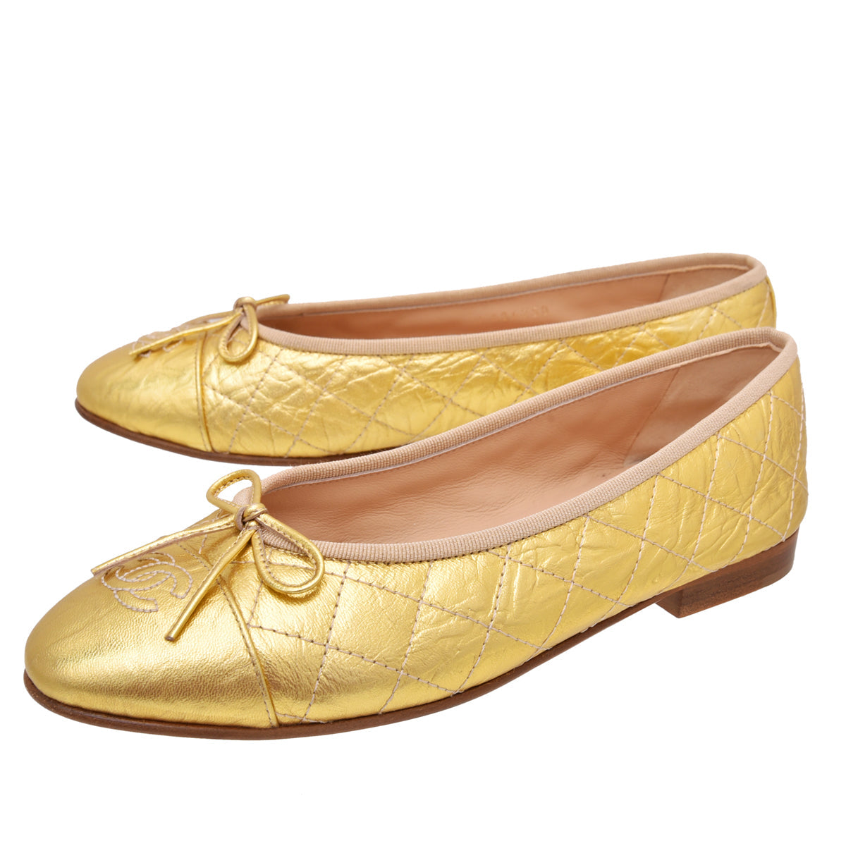 Chanel Metallic Gold CC Cap Toe Bow Ballerina 38.5