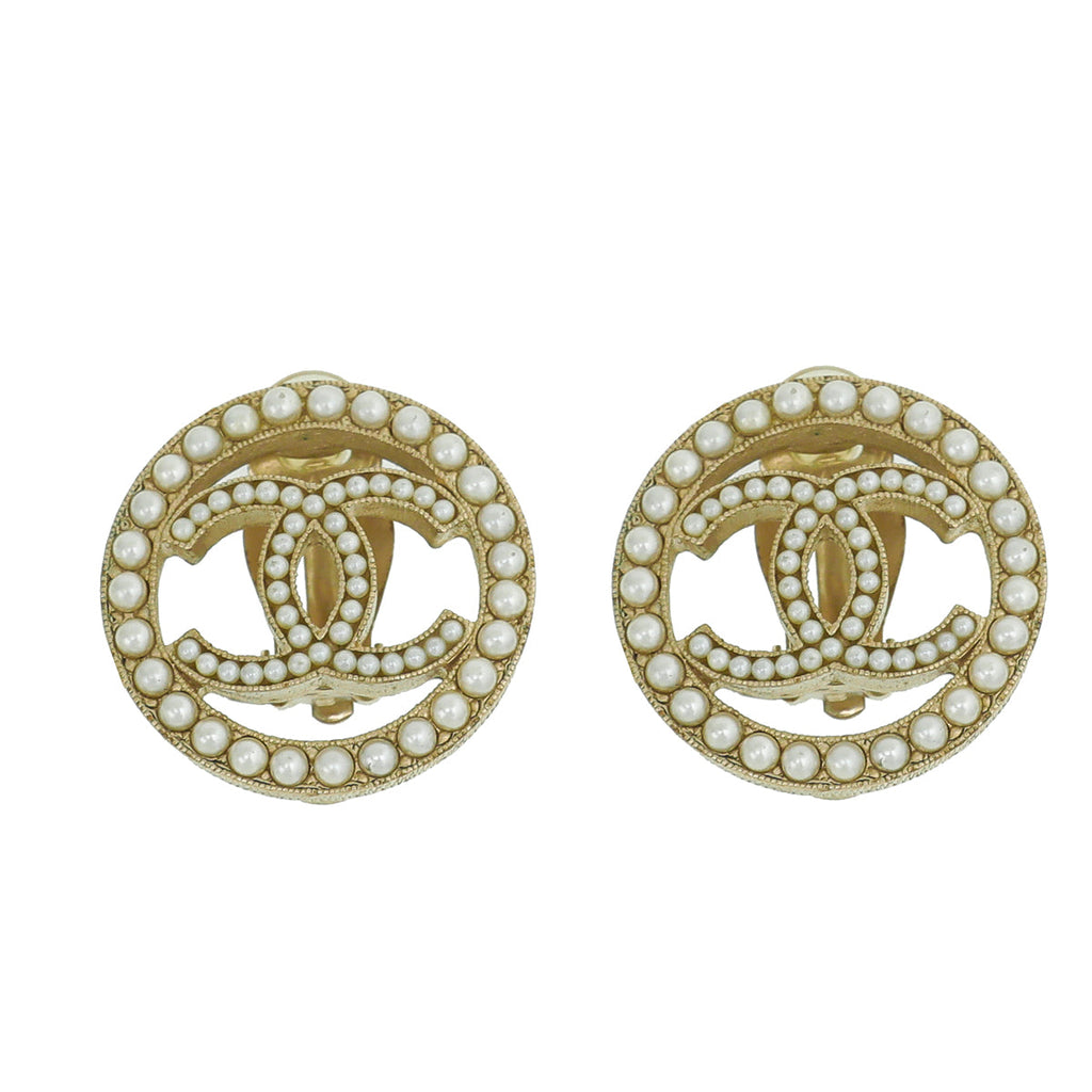 Chanel White CC Pearl Round Earrings