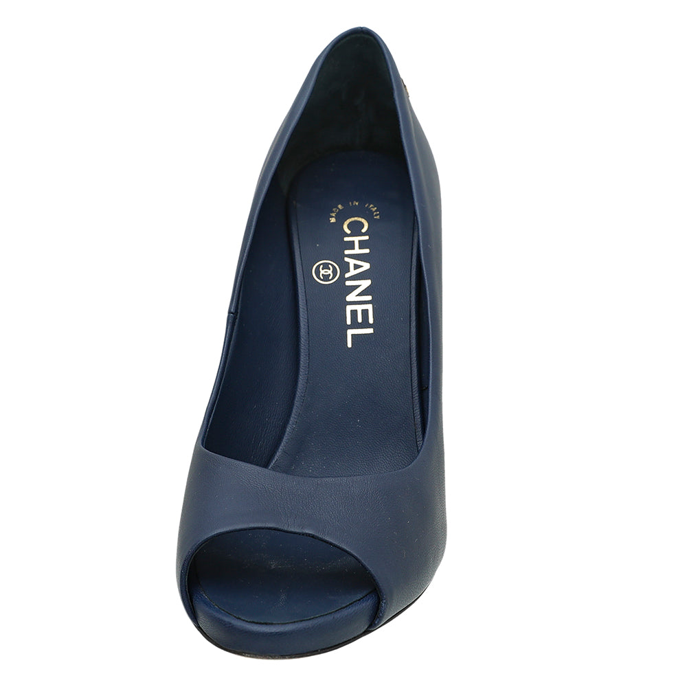 Chanel Blue CC Peep Toe Pearl Heel Pump 38.5