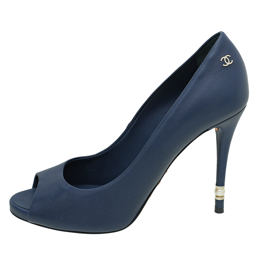 Chanel Blue CC Peep Toe Pearl Heel Pump 38.5