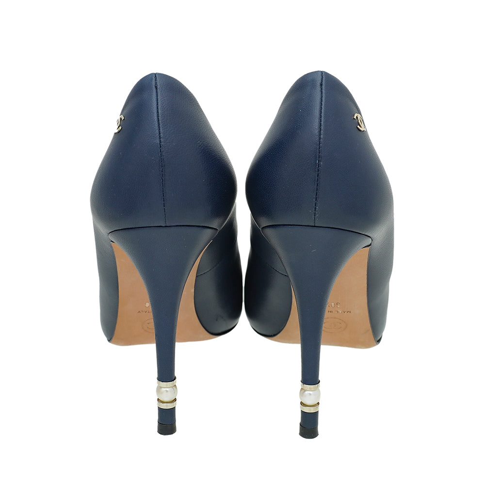 Chanel Blue CC Peep Toe Pearl Heel Pump 38.5
