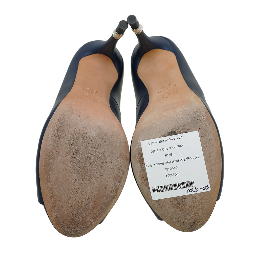 Chanel Blue CC Peep Toe Pearl Heel Pump 38.5
