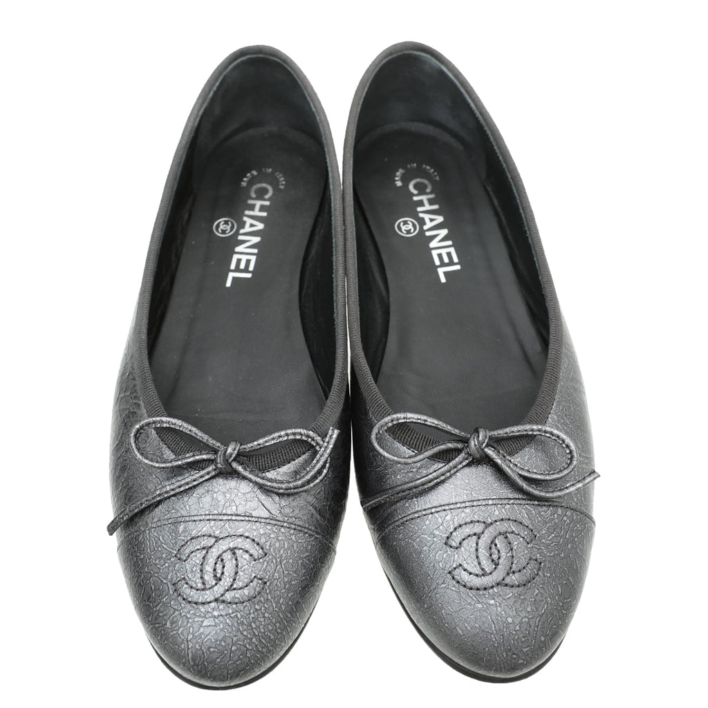 Chanel Metallic Grey Crackled Ballet Flats 37