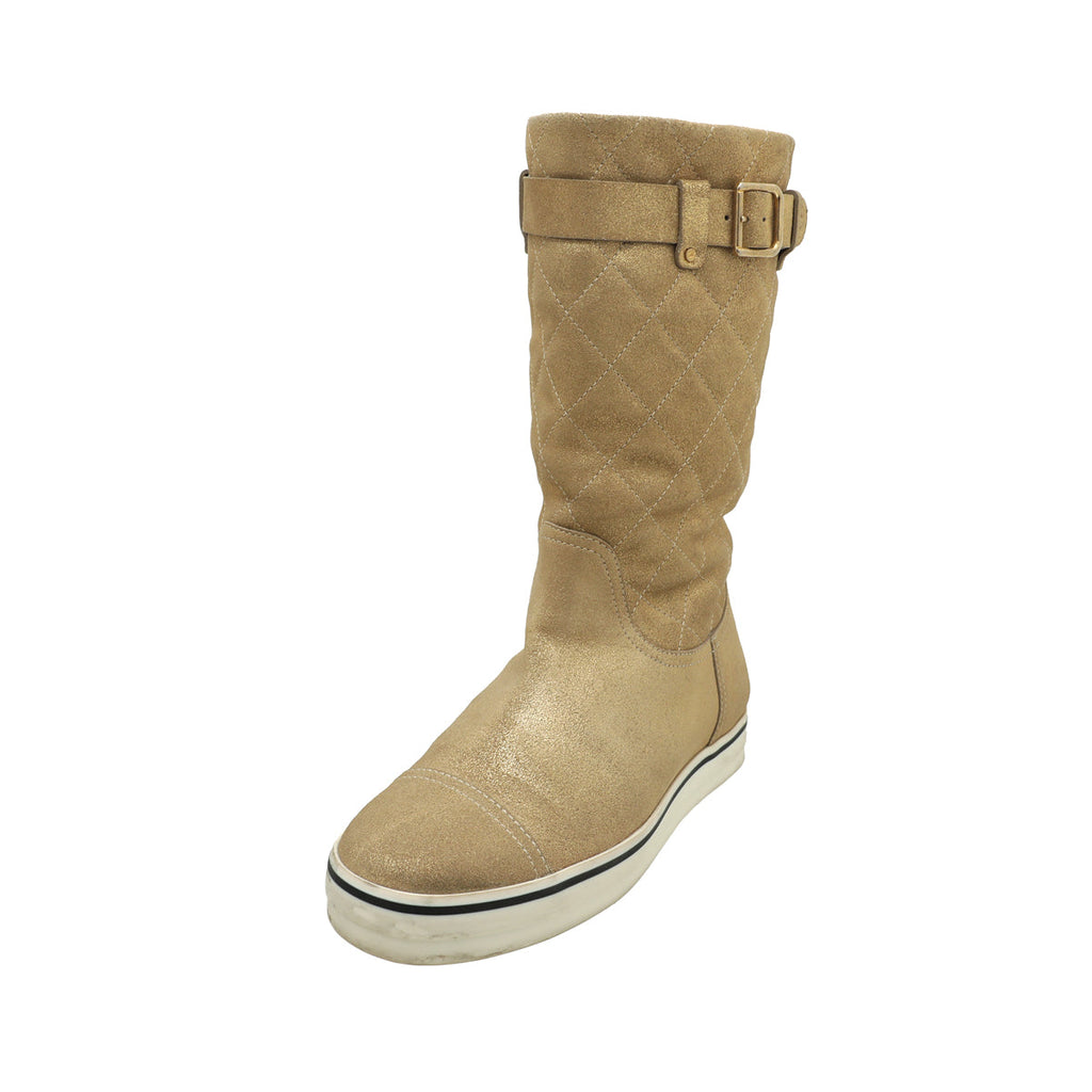 Chanel Metallic Gold Shimmer Suede Mid Flat Boots 37