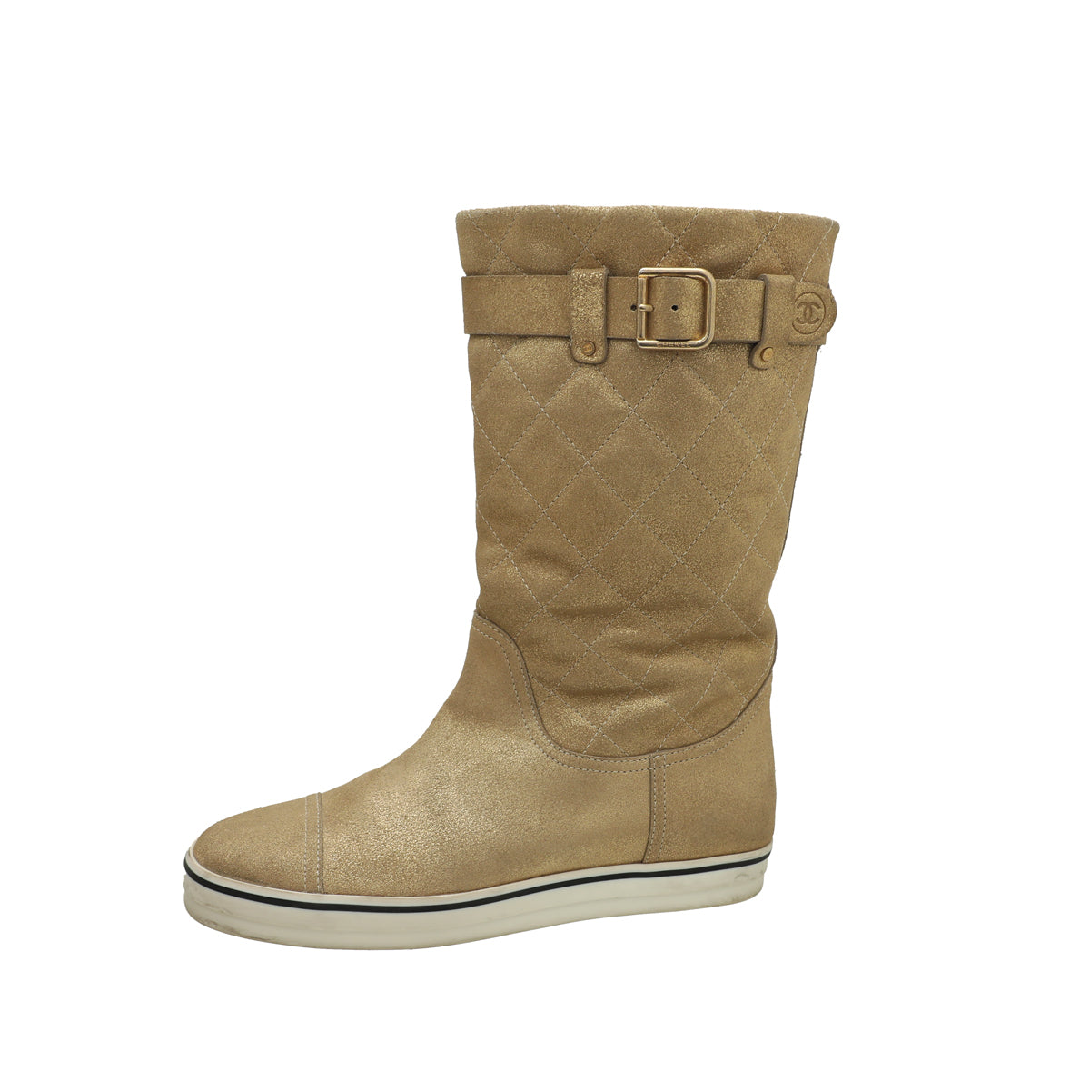 Chanel Metallic Gold Shimmer Suede Mid Flat Boots 37