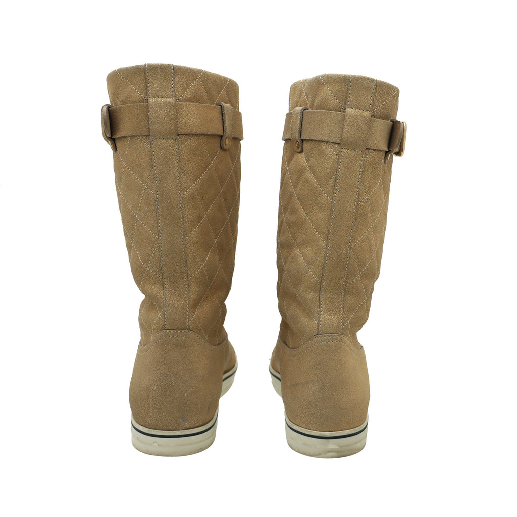 Chanel Metallic Gold Shimmer Suede Mid Flat Boots 37