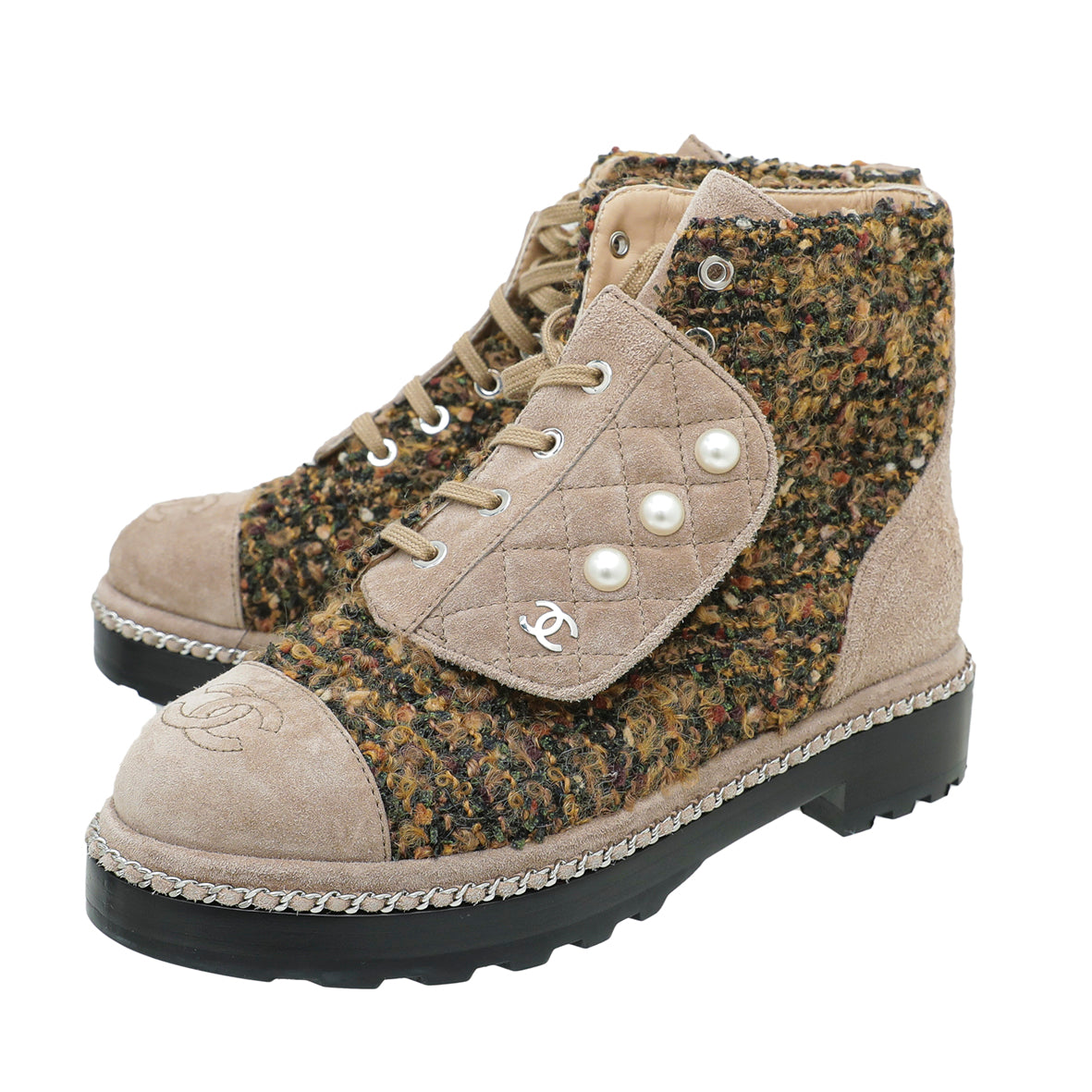 Chanel Brown Suede Wool Pearl Combat Boots 36.5
