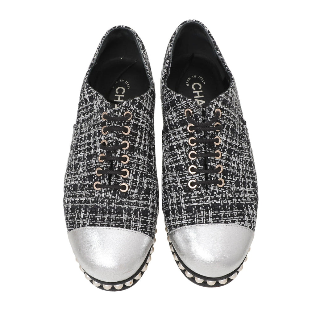 Chanel Black Silver Tweed Pearl Lace Up Oxford 37