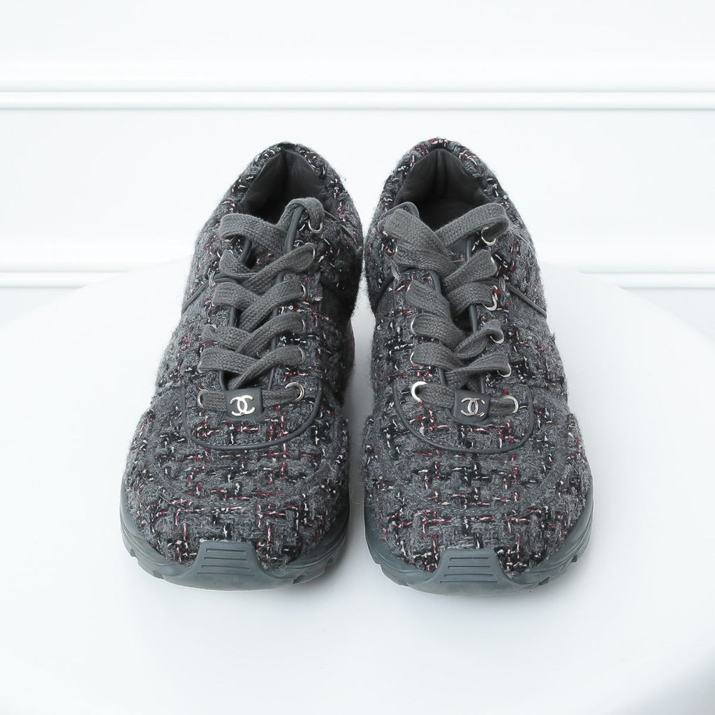 Chanel Grey -Red Tweed Sneakers 39