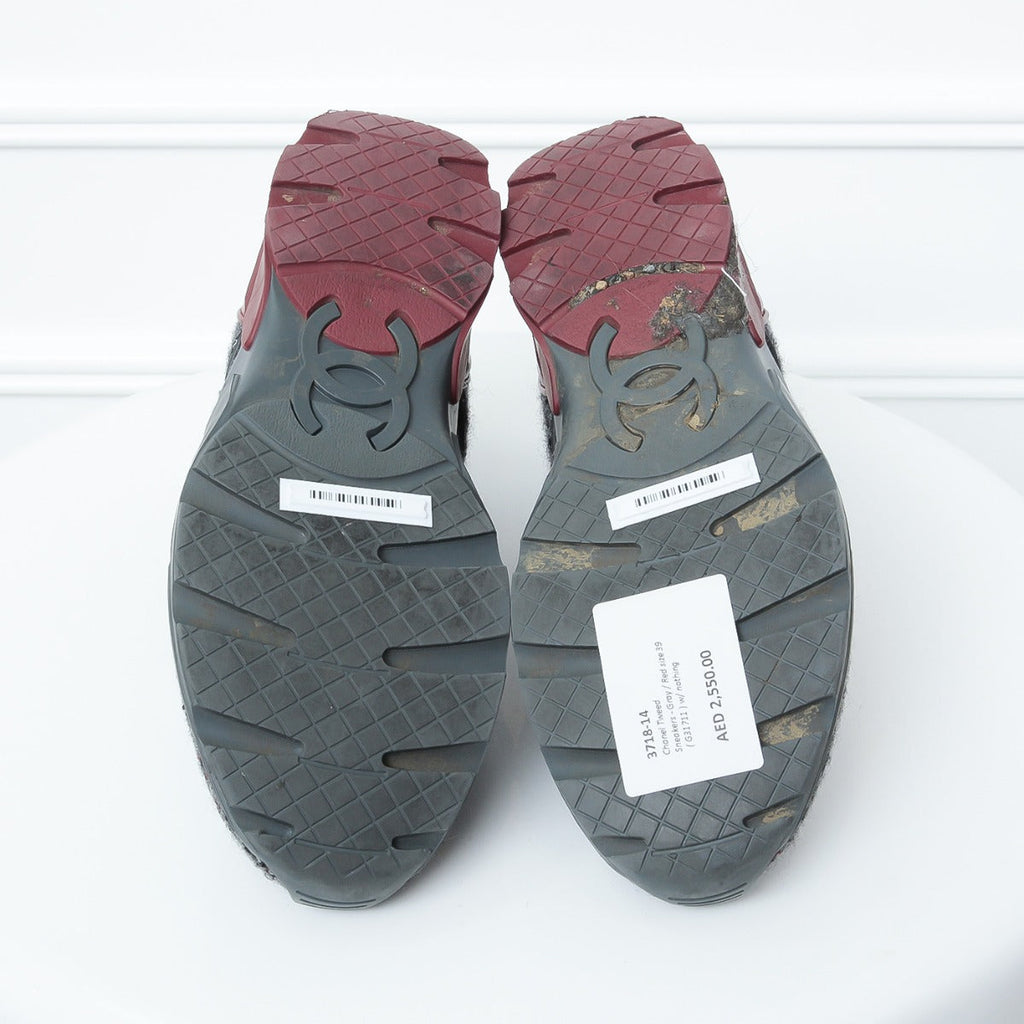 Chanel Grey -Red Tweed Sneakers 39