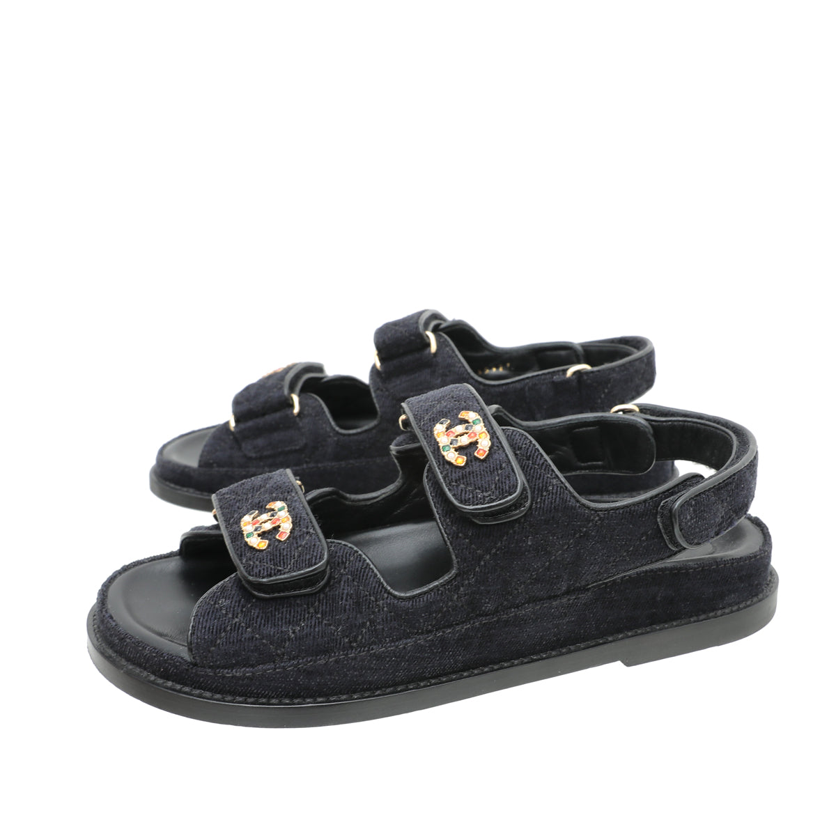Chanel Dark Blue Velcro W- Crystal CC Dad Sandals 38