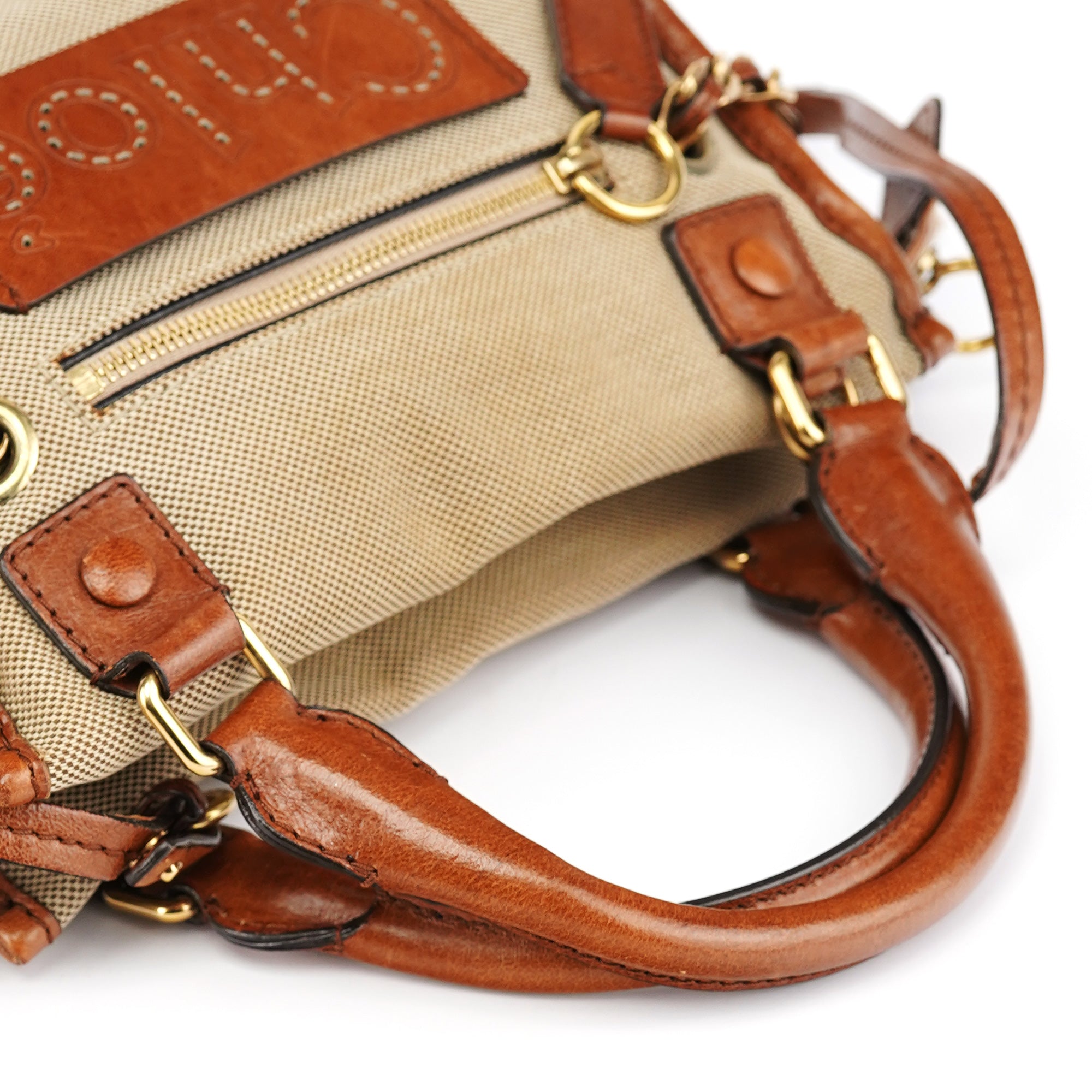 Beige Brown Canvas 2-Way Tote Bag