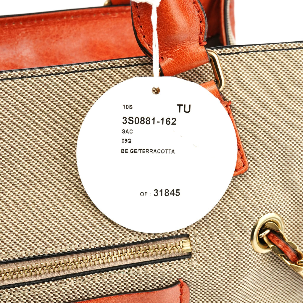 Beige Brown Canvas Leather Tote Bag