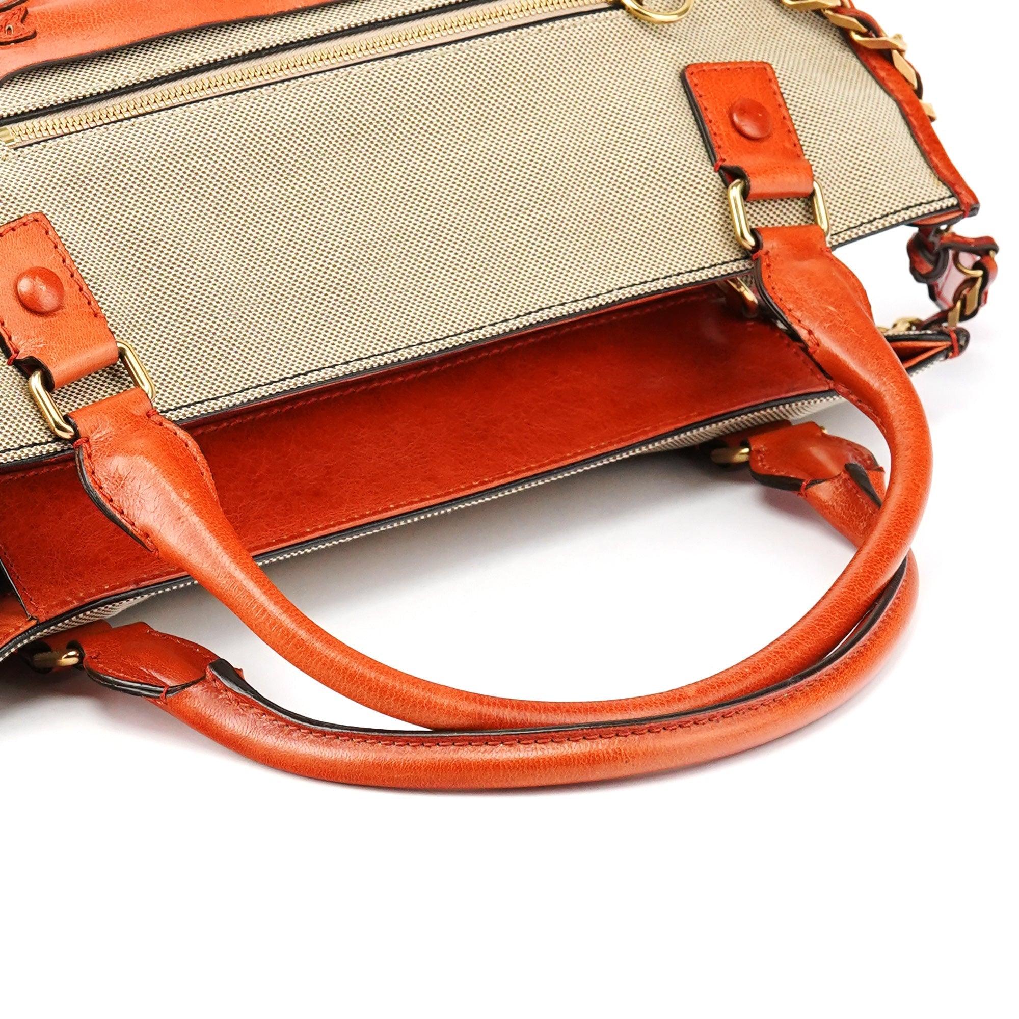Beige Brown Canvas Leather Tote Bag