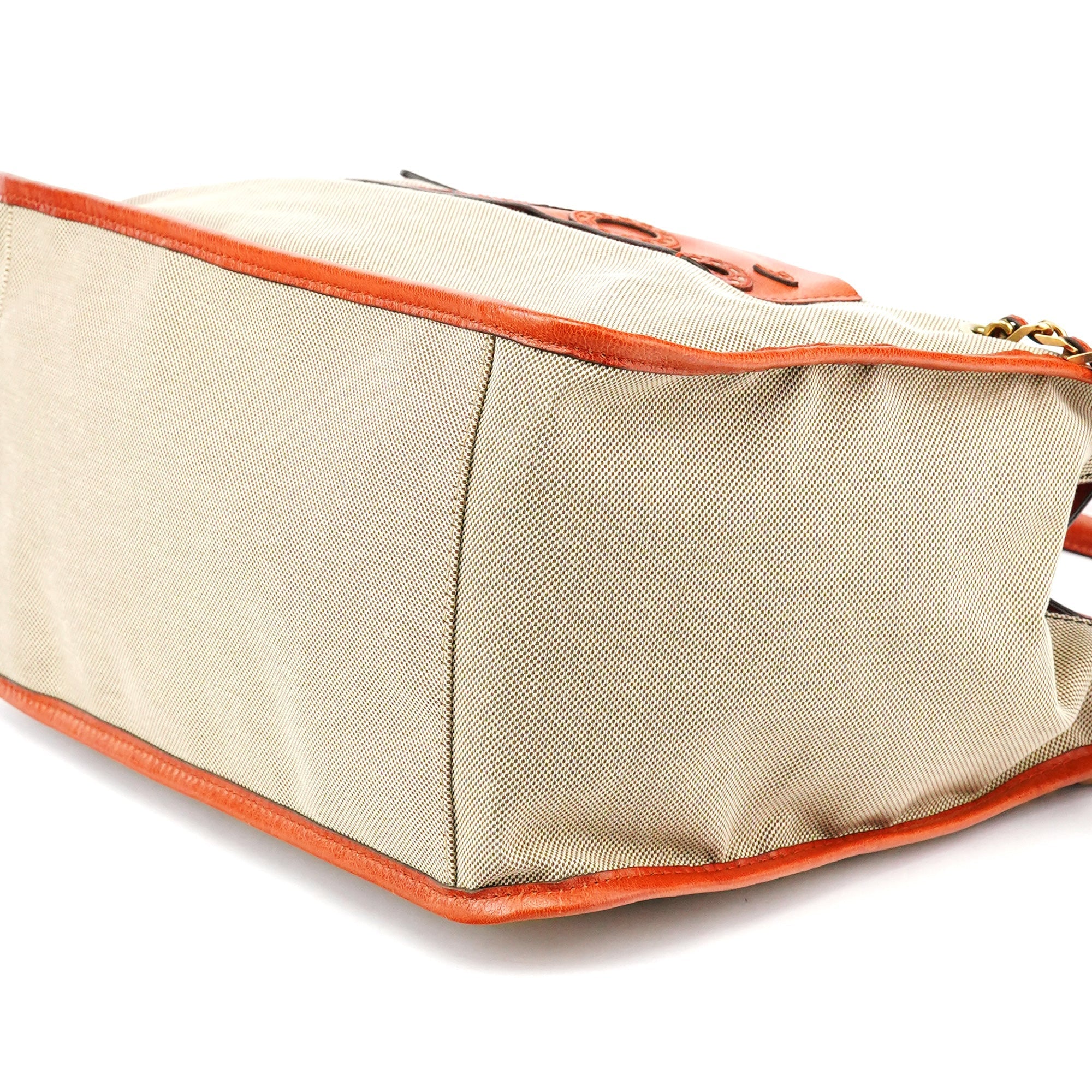 Beige Brown Canvas Leather Tote Bag