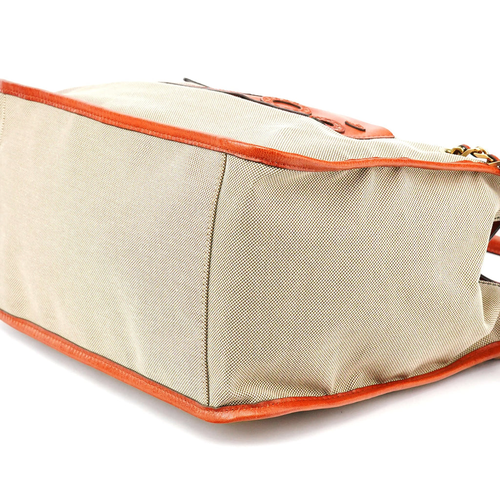 Beige Brown Canvas Leather Tote Bag