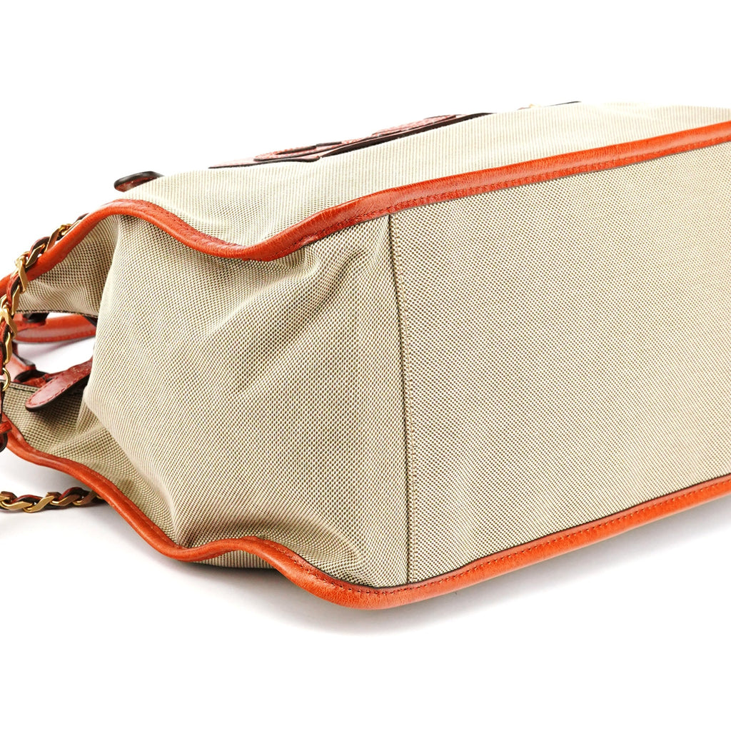 Beige Brown Canvas Leather Tote Bag