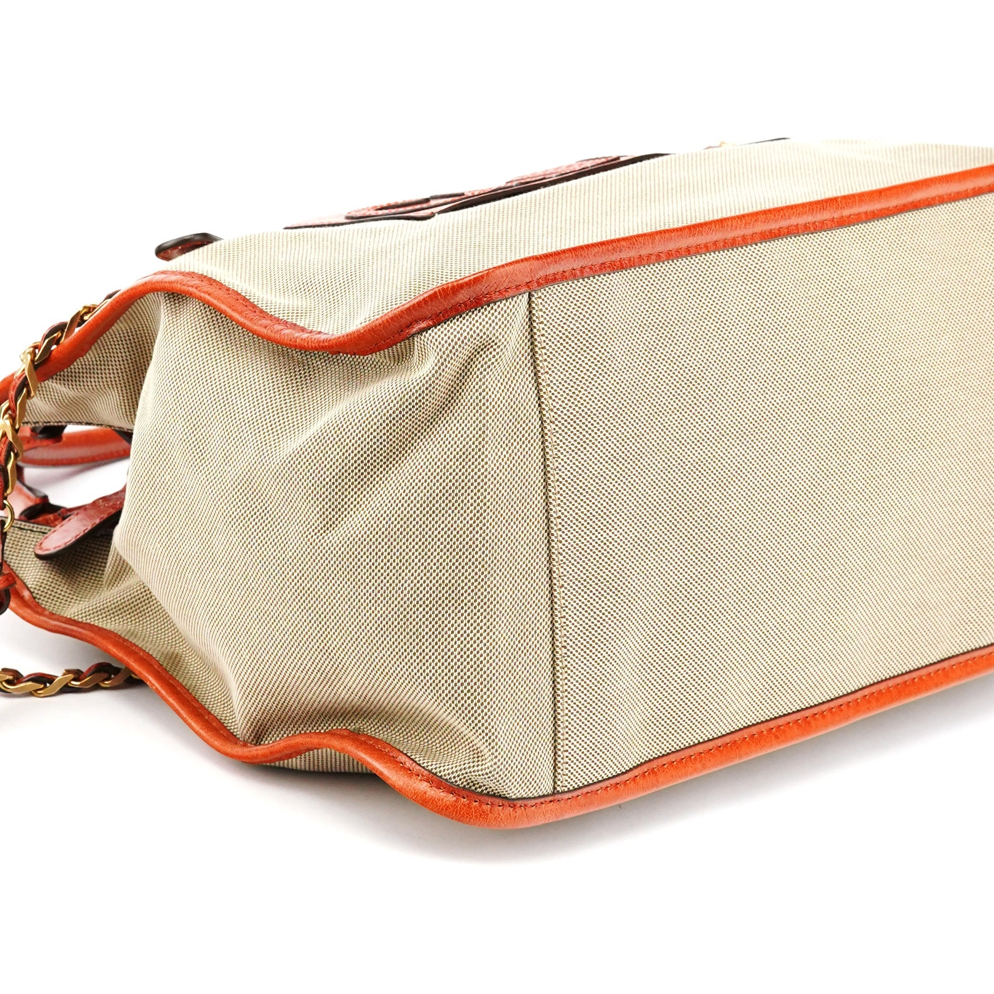 Beige Brown Canvas Leather Tote Bag