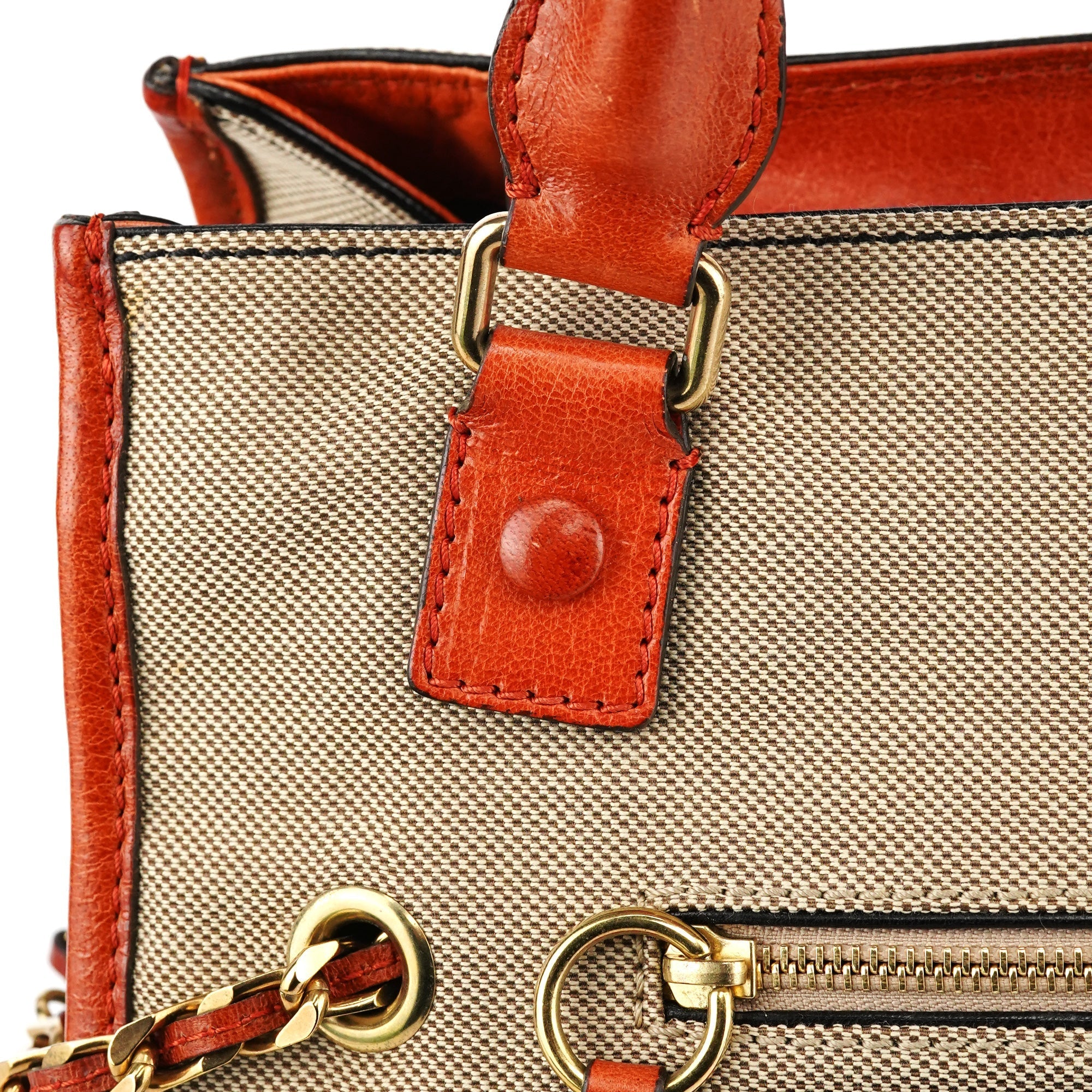 Beige Brown Canvas Leather Tote Bag