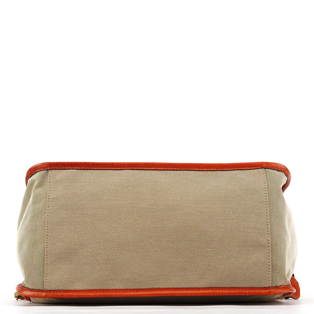 Beige Brown Canvas Leather Tote Bag