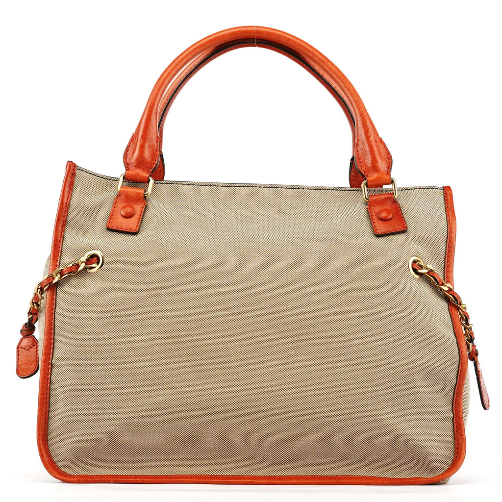 Beige Brown Canvas Leather Tote Bag