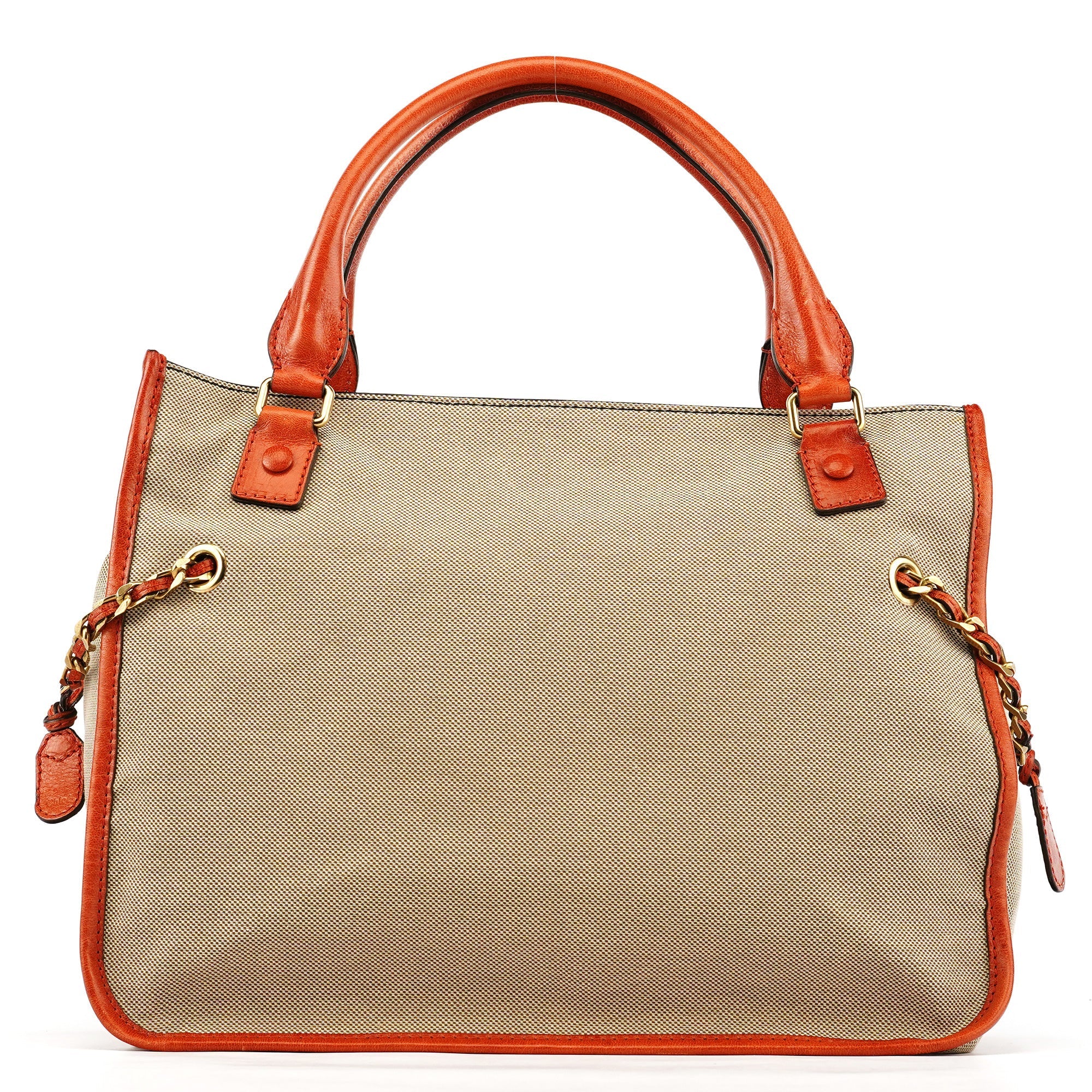 Beige Brown Canvas Leather Tote Bag