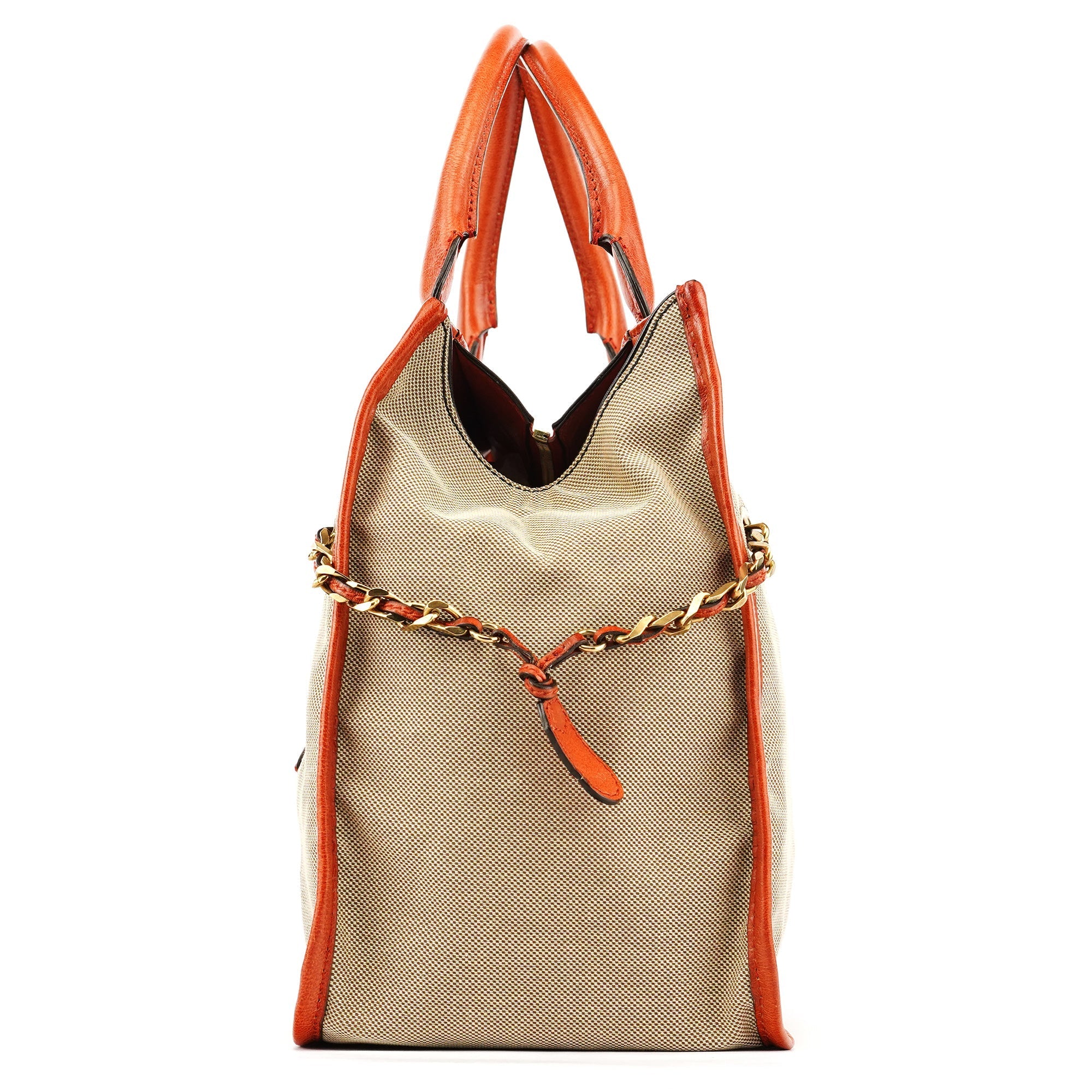 Beige Brown Canvas Leather Tote Bag