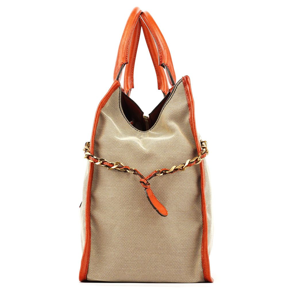 Beige Brown Canvas Leather Tote Bag