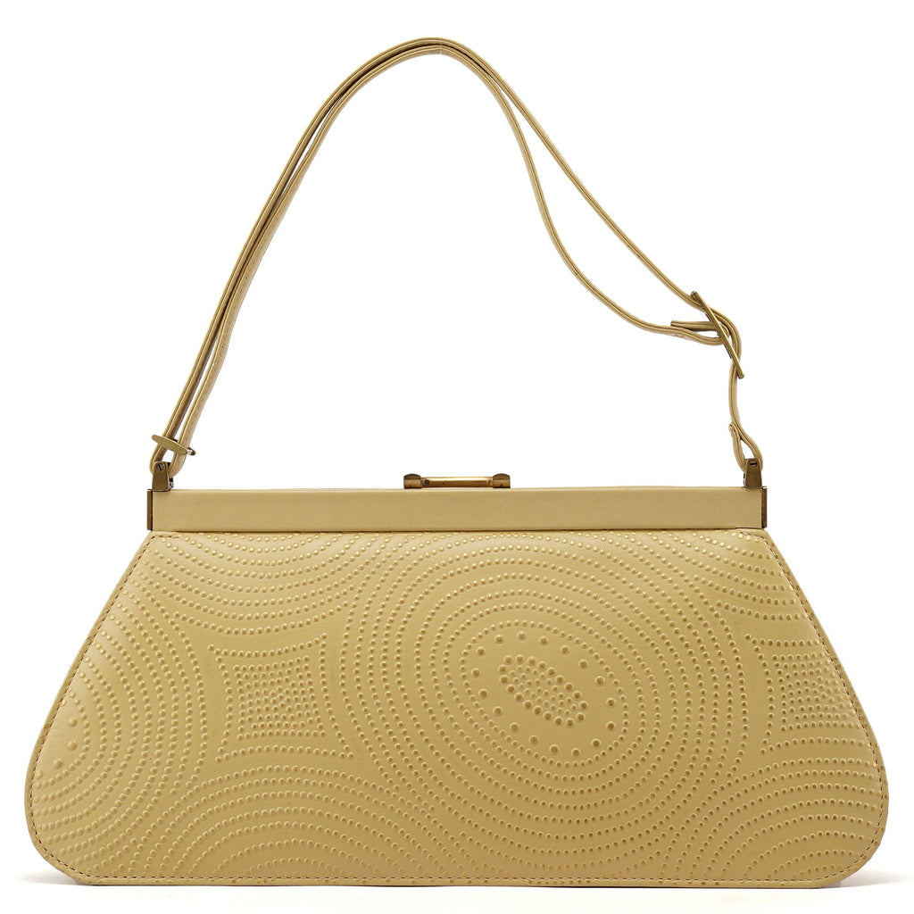 Beige Calfskin Embossed Leather Shoulder Bag