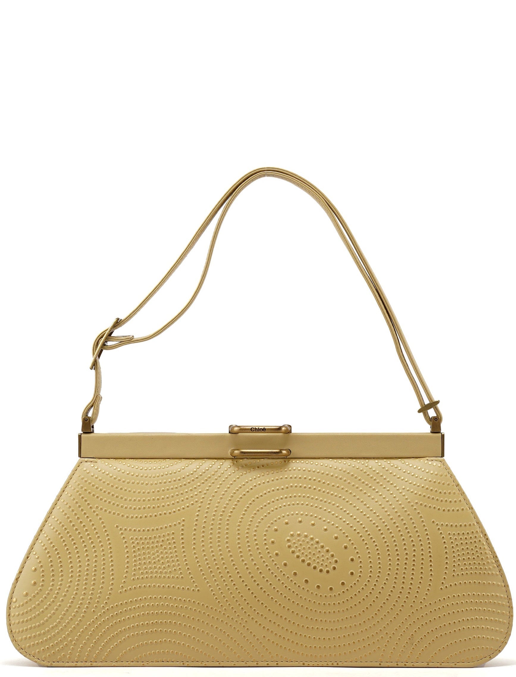 Beige Calfskin Embossed Leather Shoulder Bag