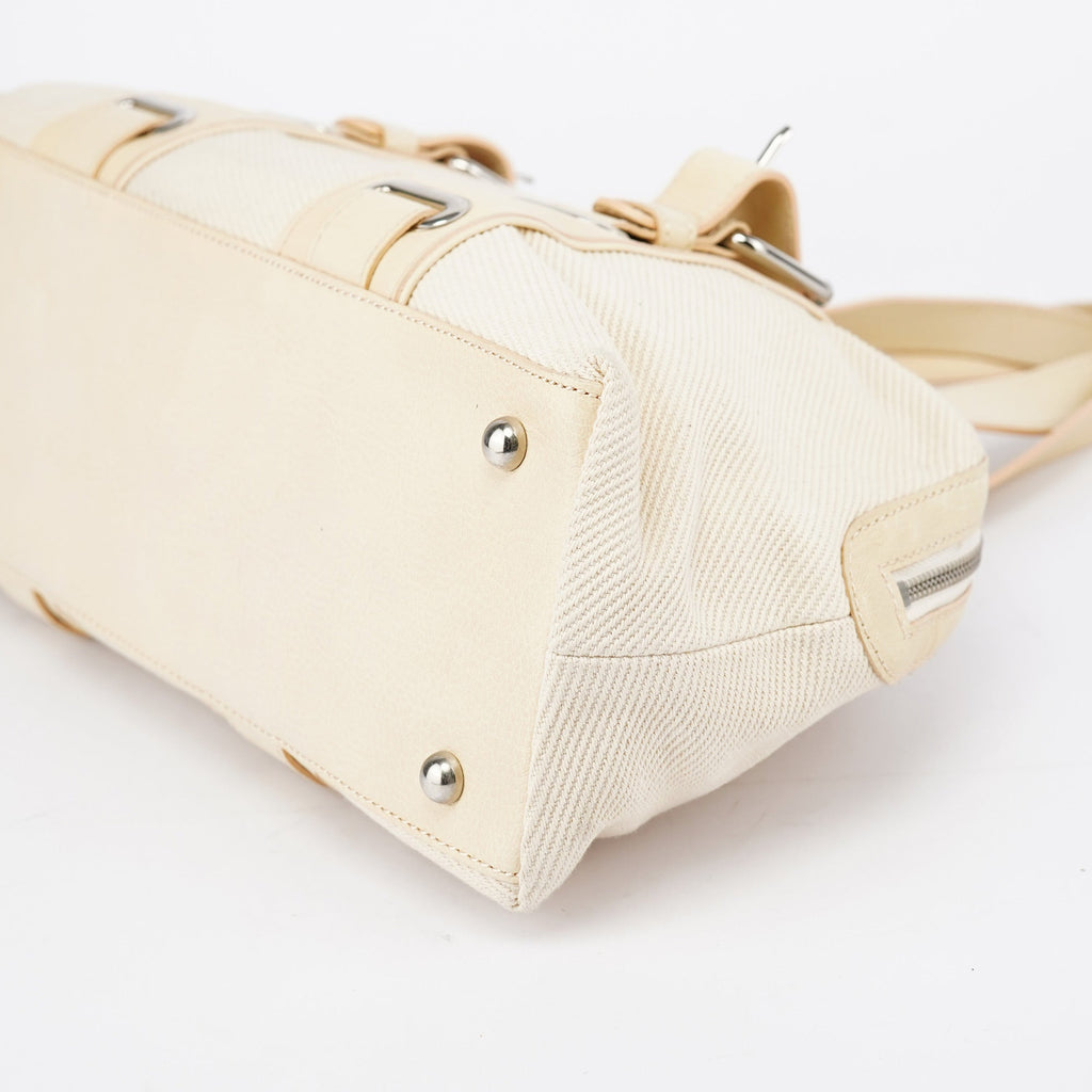 Beige Canvas Leather Boston Bag