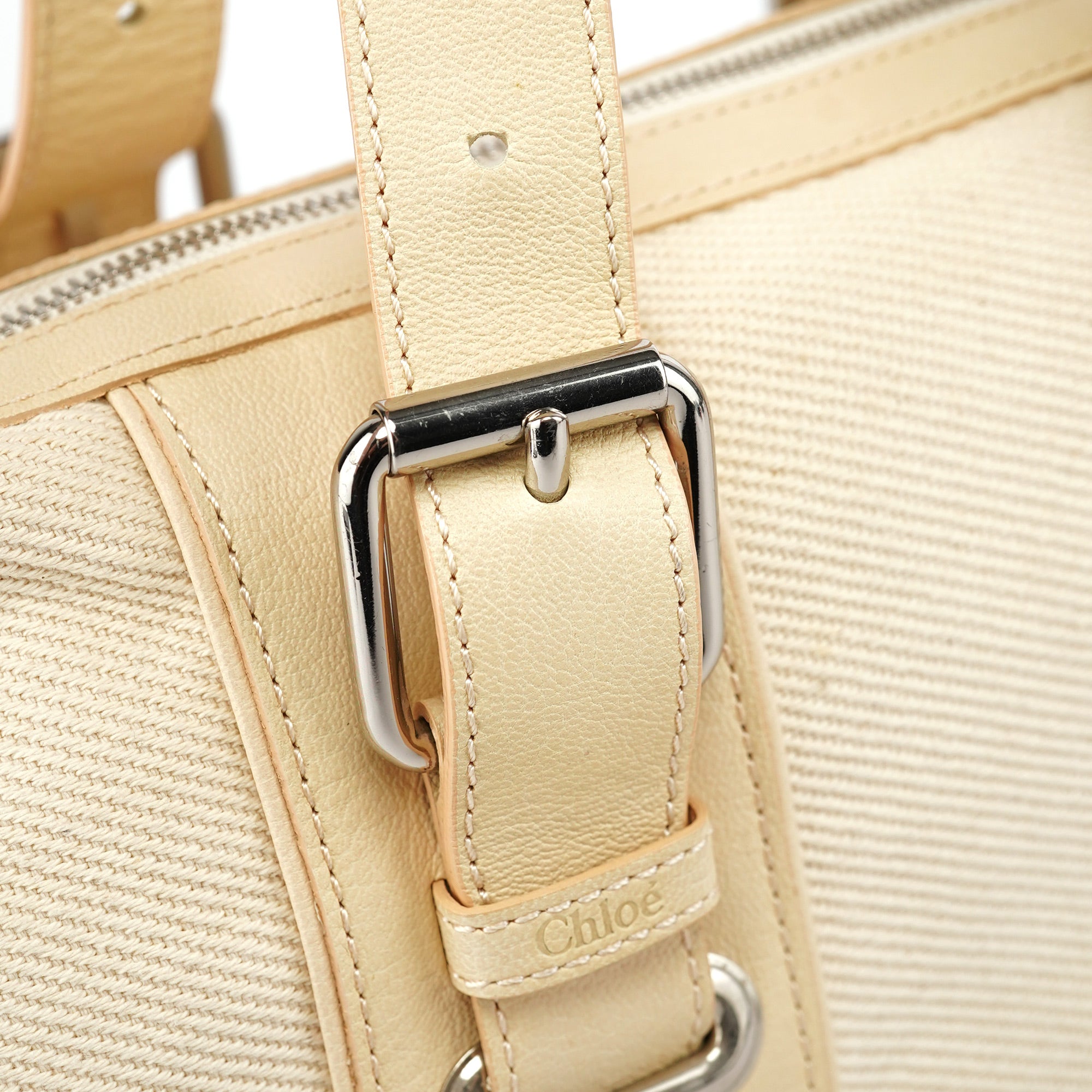 Beige Canvas Leather Boston Bag